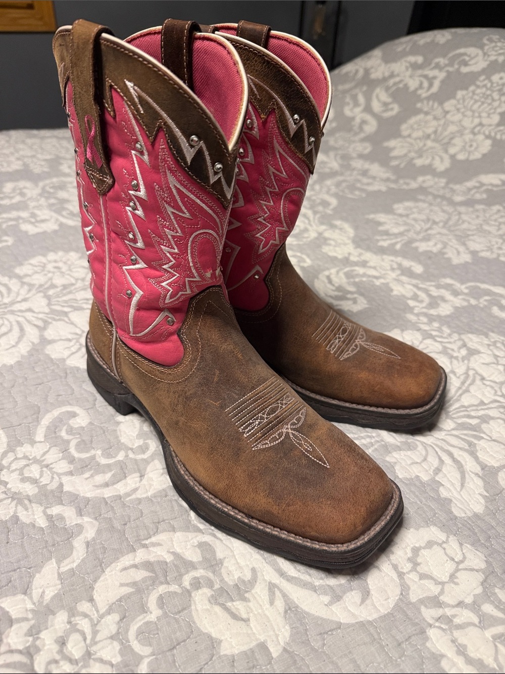 Durango Brown Leather Western Boots with Pink Embroidered Shaft
